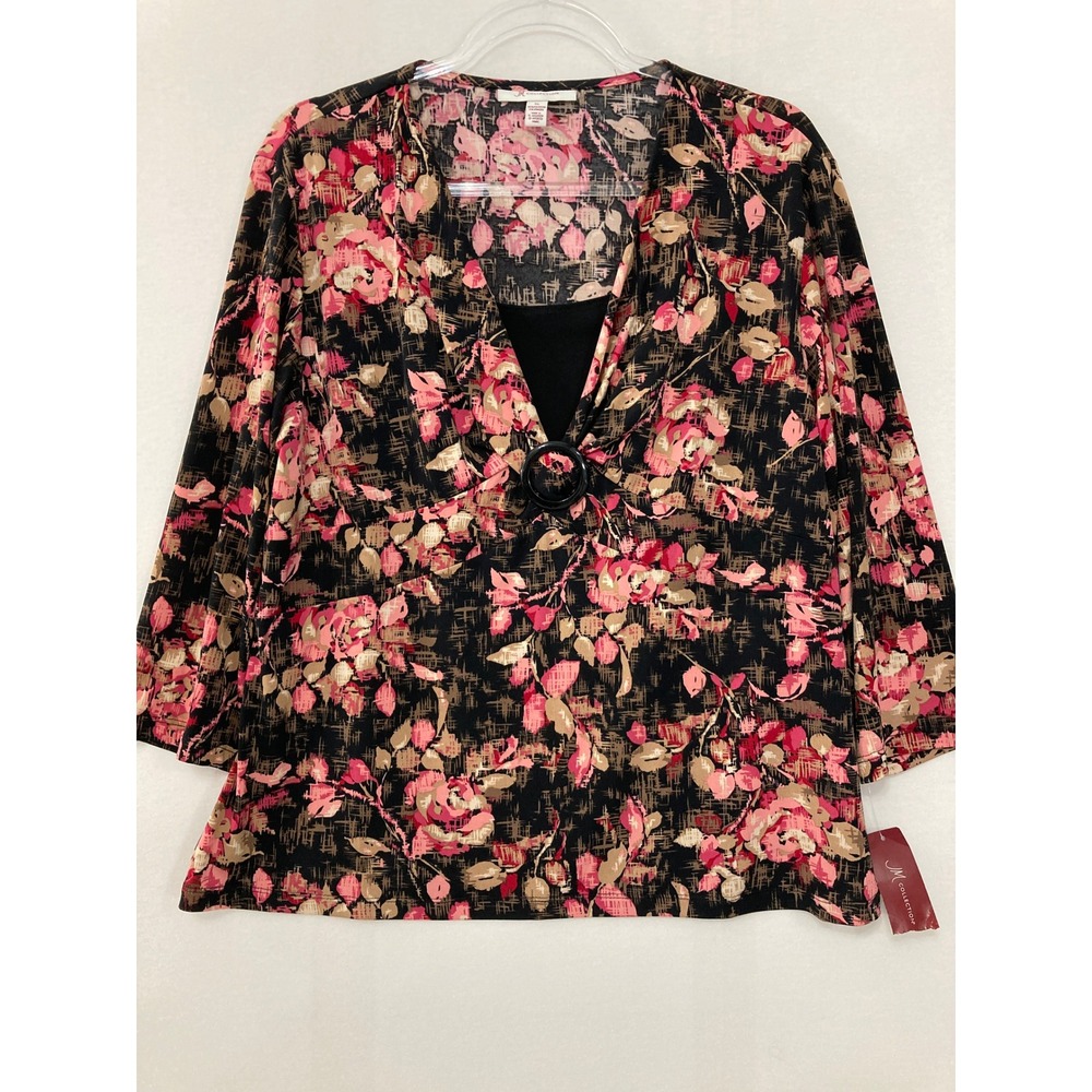 New JM Collection Floral Blouse XL Black‎ Pink 3/4 Sleeve V-Neck Layered Stretch